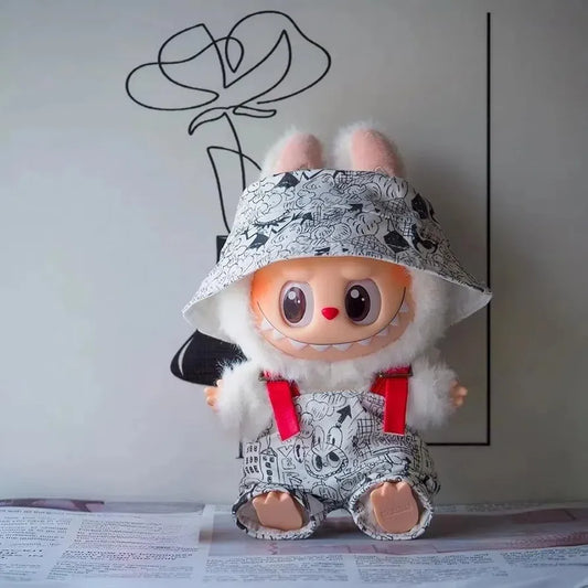 17cm Doll Clothes Compatitable with Labubu,6.7 Inches Cartoon Character Plush Doll Outfit, White Pattern Bucket Hat and Overalls Set [Doll not Included]