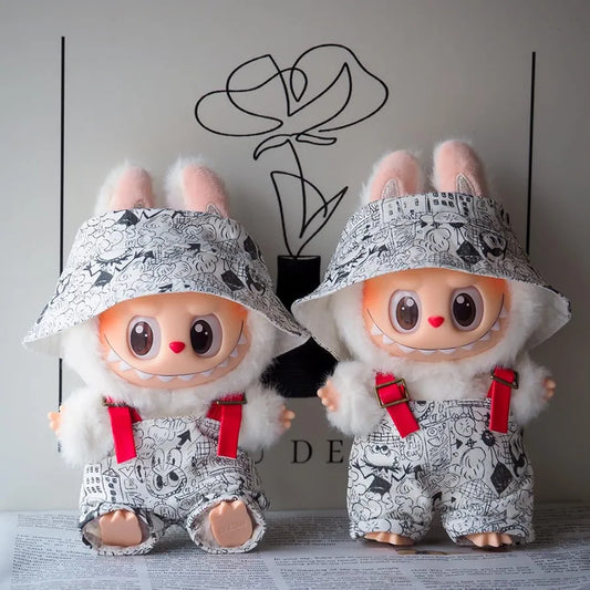 17cm Doll Clothes Compatitable with Labubu,6.7 Inches Cartoon Character Plush Doll Outfit, White Pattern Bucket Hat and Overalls Set [Doll not Included]