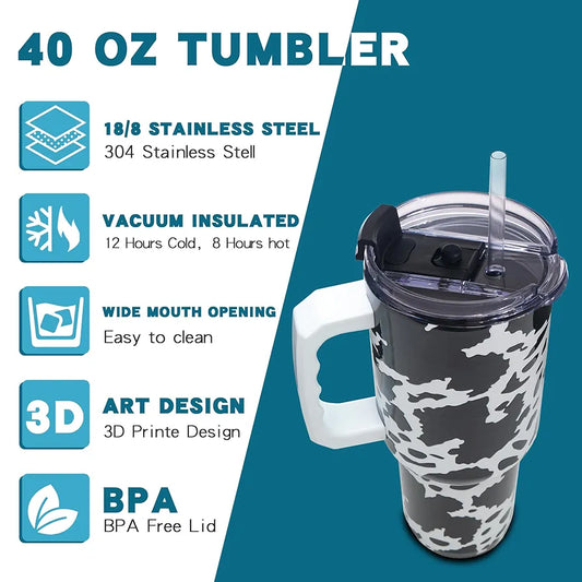 40oz Cow Print Tumbler – Birthday Gifts for Daughters, Sisters, Besties & Friends – Insulated Stainless Steel Cow Cup with Handle, Graduation, Back to School & Mother’s Day Gifts for Women